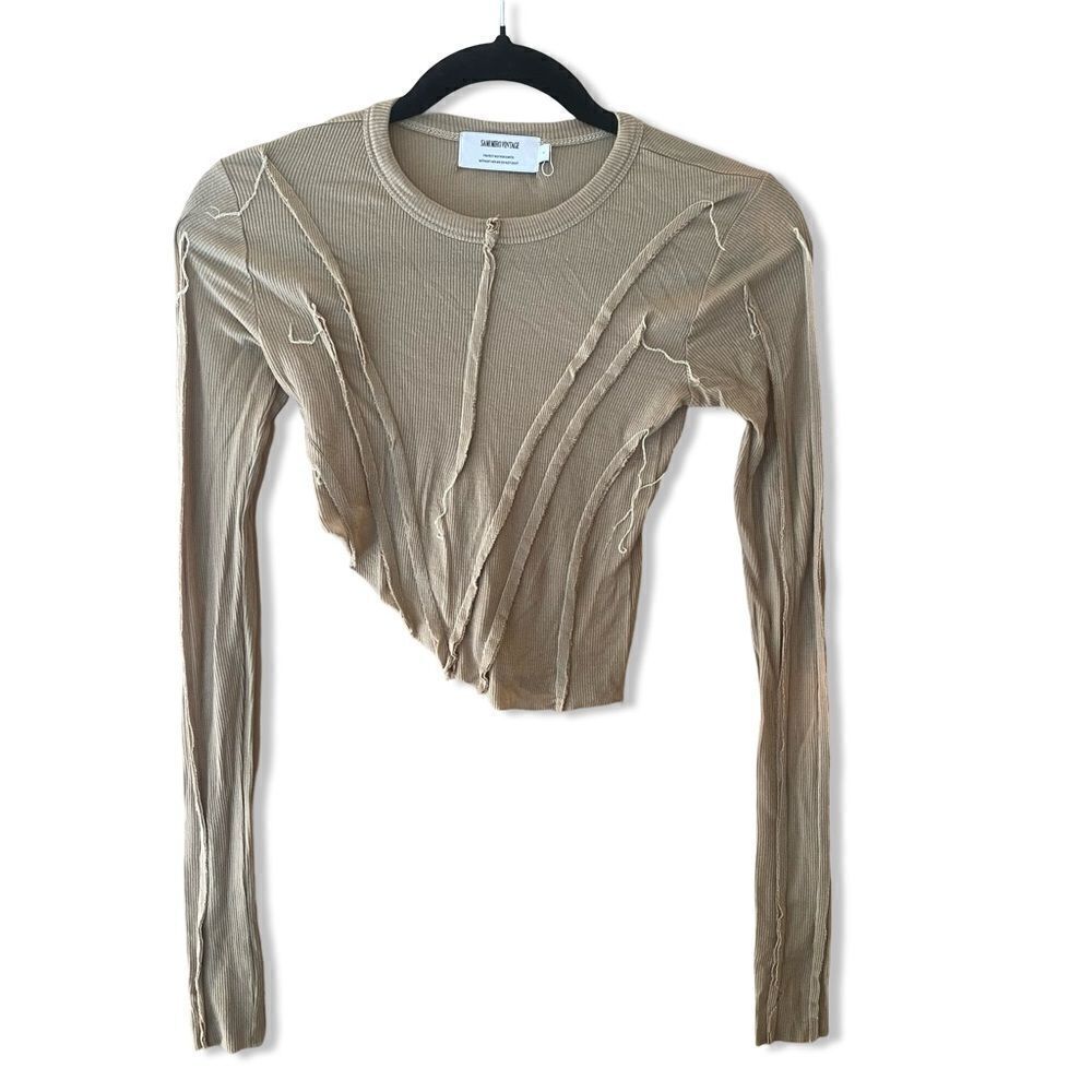 Sami Miro Vintage Asymmetric Long Sleeve Tee - Taupe Seams Cropped Revolve S — image 5 of 8